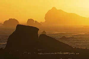 Long exposure on sea stacks at sunset, Crescent City, California
