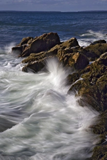 Images Dated 13th October 2005: Long exposure of wave crashing against rocky coastline, Acadia National Park, Maine