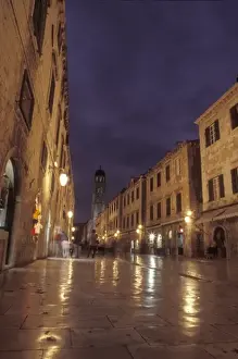 Stradun Prints: Look west down the Stradun (Placa) towards Pile Gate and the Franciscan bell tower
