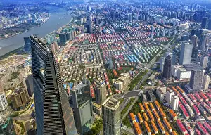 Images Dated 23rd September 2016: Looking Down on Black Shanghai World Financial Center Skyscraper Huangpu River Cityscape