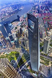 Images Dated 23rd September 2016: Looking Down on Black Shanghai World Financial Center Skyscraper Reflections Huangpu