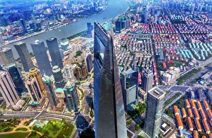 Skyline Prints: Looking Down on Black Shanghai World Financial Center Skyscraper Reflections Huangpu