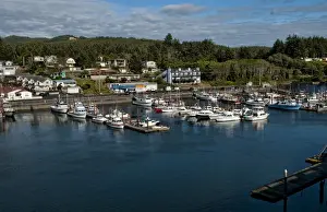 Images Dated 2027: Looking down from above at Depoe Bay Oregon harbor with scenic colorful boats in pier