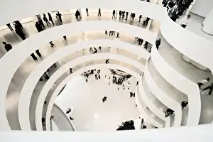 Looking down at the entrance and lower circular levels of the Guggenheim Museum in