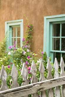Adobe Prints: Looking into a garden of a house, Taos, New Mexico, USA. Classic NM architecture