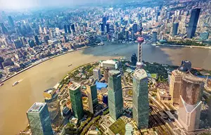 Shanghai Prints: Looking Down Oriental Pearl TV Tower Pudong Bund Huangpu River Skyscrapers Cityscape