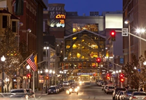 Looking down Post Street at dusk in downtown Spokane, Washington, USA