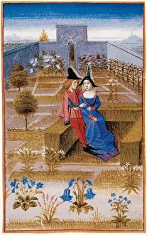 Couple Prints: Two lovers in the garden. Miniature. Chantilly castle. France