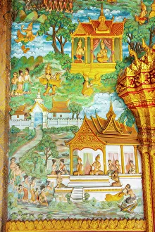 Bas Relief Prints: Luang Prabang, Laos. Ancient mural carvings in Wat Mahathat facade