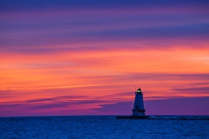Copy Space Prints: Ludington North Pierhead Lighthouse at sunset on Lake Michigan, Mason County, Ludington