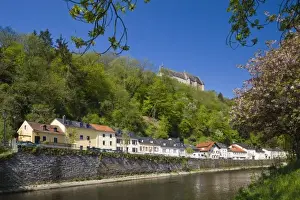 Luxembourg Prints: Luxembourg, Vianden. Town buildings and Vianden castle along Our River, morning