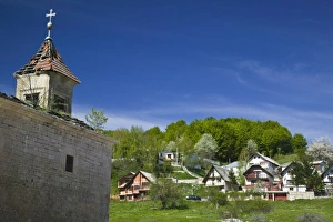 Macedonia Prints: MACEDONIA, Mavrovo National Park. MAVROVO Village- Old Lake Side Church