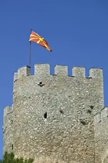 Images Dated 10th May 2007: MACEDONIA, Ohrid. Car Samoils Castle Tower and Macedonian Flag