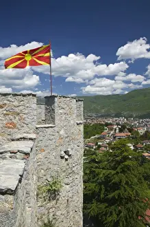 Images Dated 10th May 2007: MACEDONIA, Ohrid. Car Samoils Castle Tower with Macedonian Flag