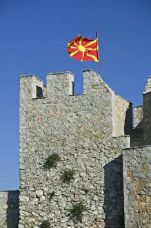 Images Dated 9th May 2007: MACEDONIA, Ohrid. Macedonian Flag atop Car Samoils Castle