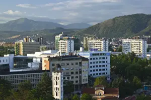 MACEDONIA, Skopje. Central Skopje from City Fort (Trvdina Kale) / Dawn
