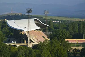 MACEDONIA, Skopje. Stadium from City Fort (Trvdina Kale) / Morning