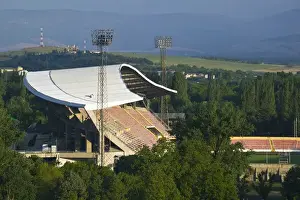 Skopje Prints: MACEDONIA, Skopje. Stadium from City Fort (Trvdina Kale) / Morning