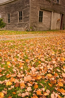 Images Dated 15th October 2005: Maine, Old wooden barn with wagon wheels in fall in rural New England