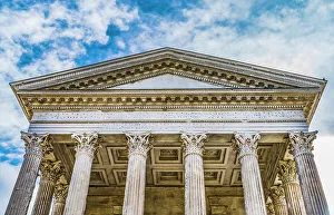 Nimes Prints: Maison Carree plaza, Nimes, Gard, France. Oldest Roman Temple in Europe created in 7 AD