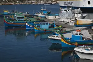 Gozo Prints: Malta, Gozo Island, Mgarr, harbor view with luzzu traditional fishing boats
