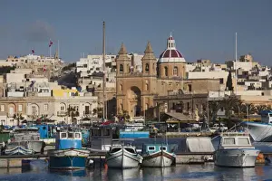 Malta Prints: Malta, Southeast, Marsaxlokk, harbor and traditional Luzzu fishing boats