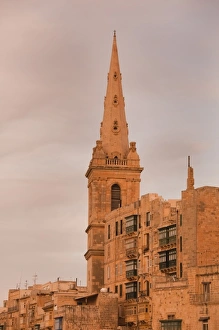 Valletta Prints: Malta, Valletta, St. Pauls Anglican Cathedral from St. Andrews Bastion, sunset