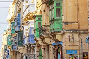 Malta Prints: Malta, Valletta. Street scenes. Buildings with many bay windows. (Editorial Use Only)