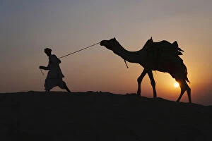 Images Dated 13th November 2006: Man with camel on the desert at sunset, Jodphur, Rajasthan, India