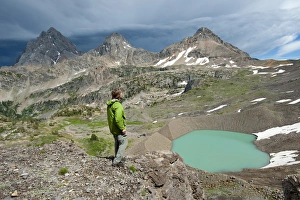 Hike Prints: Man enjoys View of Lake, Teton Crest Trail, three Tetons, Schoolroom Glacier