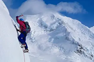 James Kay Prints: Man ice climbing on the flanks of Mount Cook below Mount Tasman in Mount Cook National Park
