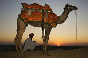 Man sitting with his camel at sunset on the sand dunes in Jalsamer, India, ragasthan