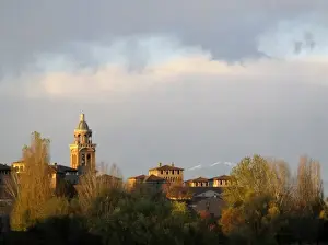 Mantova Prints: Mantua skyline in a late Fall day, snowcapped Monte Baldo in the background