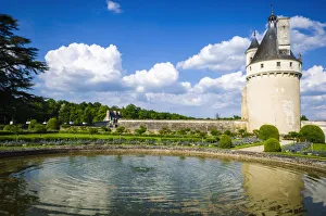 Gothic Prints: The Marques Tower and fountain, Chateau de Chenonceau, Chenonceaux, Loire Valley, France