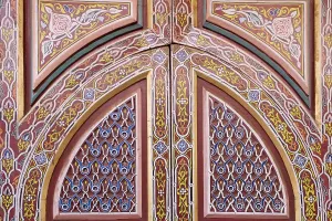 Mosque Prints: Marrakech, Morocco. Beautiful painted old door in Moorish motif