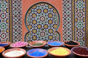 Medina Prints: Marrakech, Morocco. Clay bowls of spices and bluing with tile background