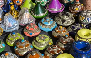 Images Dated 2028: Marrakech Morocco main medina selling pottery to tourists downtown city