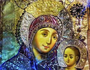 Basilica Prints: Mary Jesus Icon Greek Orthodox Church of the Nativity Altar Nave Bethlehem West Bank Palestine