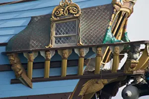 Maryland Prints: MARYLAND. USA. Carved faces on rail at aft of tall ship the Kalmar Nyckel. Chesapeake Bay