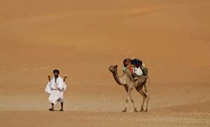 Images Dated 7th April 2006: Mauritania, Route Espoir, Boutuilimit, A man with his dromedary