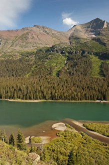 Biosphere Reserve Prints: Meadow, Mountain, and Avalanche path visible around Lake Josephine, Glacier National Park