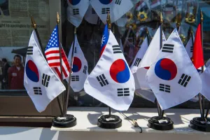 Allied Prints: Memorial flags at the high security border between South and North Korea, Panmunjom