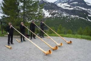 Instrument Prints: Men playing alpenhorn or alpine horn, Switzerland