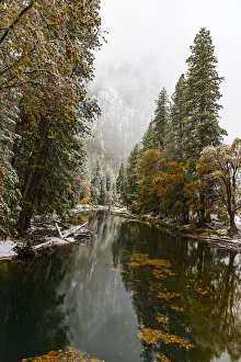 Yosemite Prints: Merced River. Autumn first snow in Yosemite National Park, California, USA