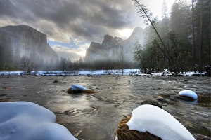 Snowing Prints: Merced River. El Capitan in background. Yosemite, California, US