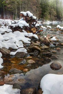 Snowing Prints: Merced River rocks. Yosemite, California, US