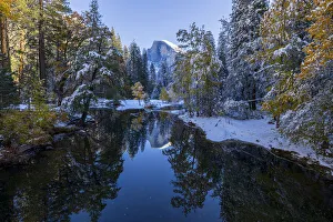 Vivid Prints: Merced River. Sentinel Bridge. Autumn first snow in Yosemite National Park, California