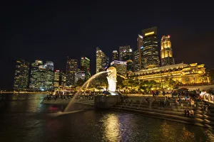 Singapore Prints: Merlion fountain and business district at night, Singapore