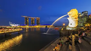 Lodging Prints: Merlion fountain and Marina Bay Sands at night, Singapore