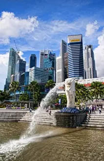 Prints of Merlion, symbol of Singapore, and downtown skyline in Fullerton area of Clarke Quay Images Dated 2027 November: Merlion, symbol of Singapore, and downtown skyline in Fullerton area of Clarke Quay
